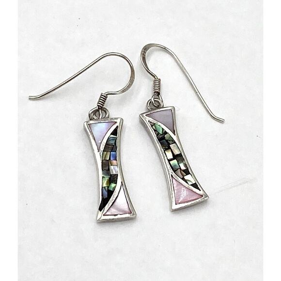925 Thai SX Earrings Sterling Silver Drop Dangle Mother of Pearl Thailand - Picture 1 of 9